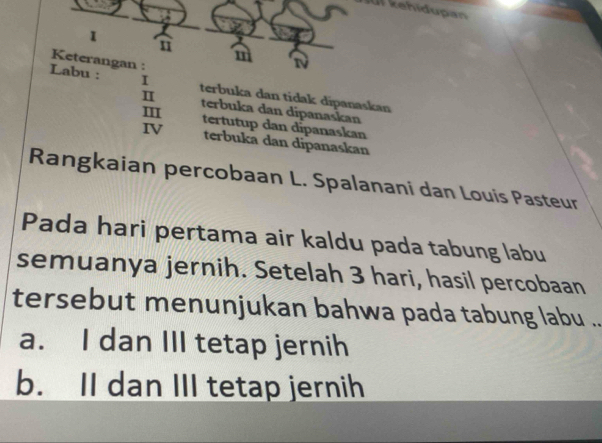 kehidupan
1
n1
m
Keterangan :
Labu : I terbuka dan tidak dipanaskan
π terbuka dan dipanaskan
III
tertutup dan dípanaskan
IV terbuka dan dipanaskan
Rangkaian percobaan L. Spalanani dan Louis Pasteur
Pada hari pertama air kaldu pada tabung labu
semuanya jernih. Setelah 3 hari, hasil percobaan
tersebut menunjukan bahwa pada tabung labu ..
a. I dan III tetap jernih
b. II dan III tetap jernih