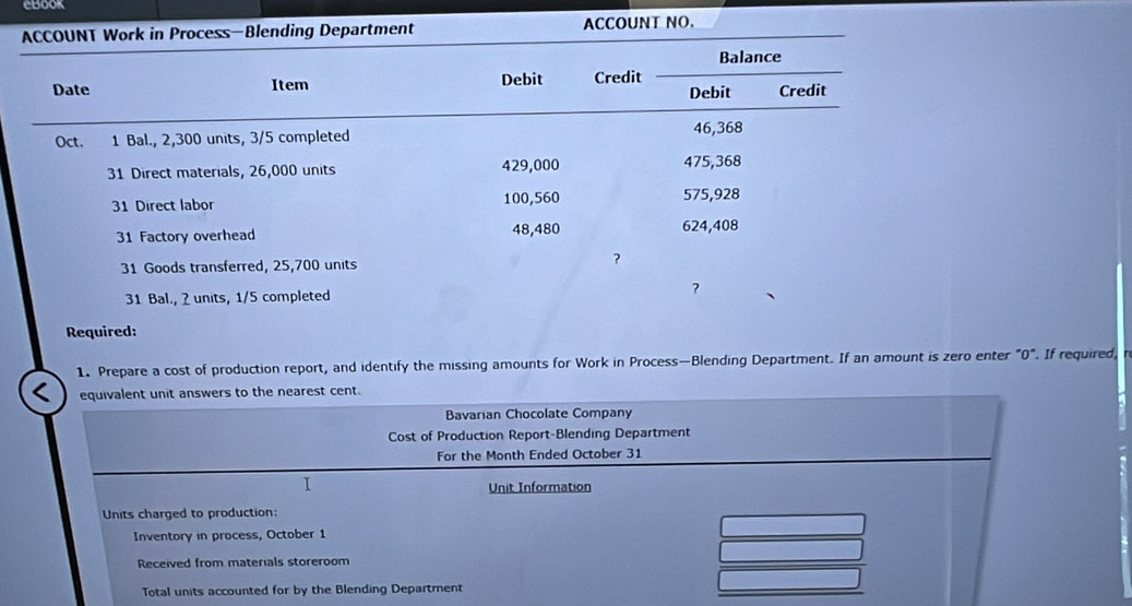 ACCOUNT Work in Process—Blending Department ACCOUNT NO. 
Balance 
Date Item Debit Credit Credit 
Debit 
Oct. 1 Bal., 2,300 units, 3/5 completed 46,368
31 Direct materials, 26,000 units 429,000 475, 368
31 Direct labor 100,560 575,928
31 Factory overhead 48,480 624, 408
31 Goods transferred, 25,700 units 
? 
31 Bal., 2 units, 1/5 completed ? 
Required: 
1. Prepare a cost of production report, and identify the missing amounts for Work in Process—Blending Department. If an amount is zero enter "0". If required, 
a equivalent unit answers to the nearest cent. 
Bavarian Chocolate Company 
Cost of Production Report-Blending Department 
For the Month Ended October 31 
I 
Unit Information 
Units charged to production: 
Inventory in process, October 1 
Received from materials storeroom 
Total units accounted for by the Blending Department