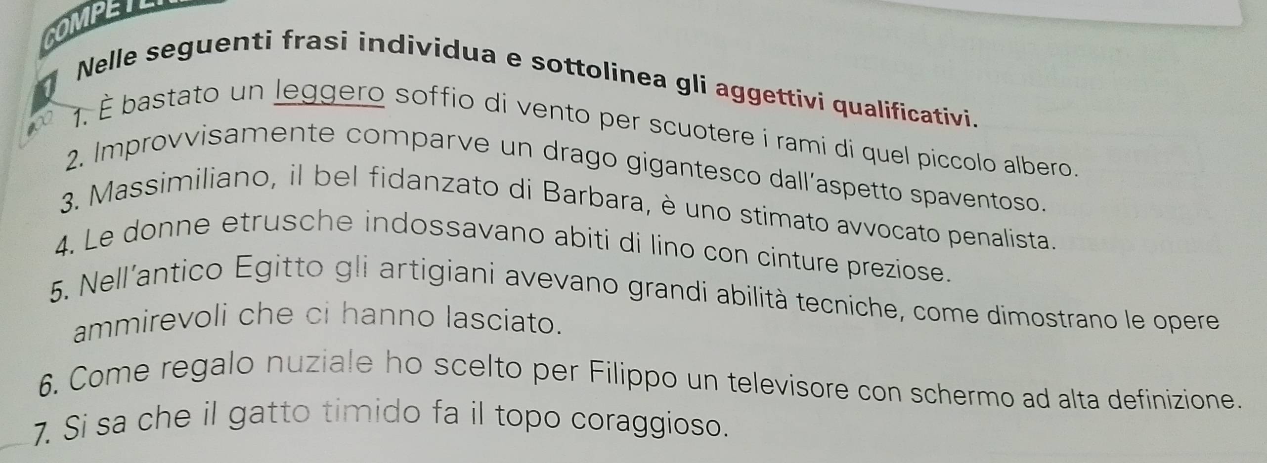 COMPELE 
Nelle seguenti frasi individua e sottolinea gli aggettivi qualificativi. 
1. É bastato un leggero soffio di vento per scuotere i rami di quel piccolo albero. 
10 2. Improvvisamente comparve un drago gigantesco dall’aspetto spaventoso. 
3. Massimiliano, il bel fidanzato di Barbara, è uno stimato avvocato penalista. 
4. Le donne etrusche indossavano abiti di lino con cinture preziose. 
5. Nell'antico Egitto gli artigiani avevano grandi abilità tecniche, come dimostrano le opere 
ammirevoli che ci hanno lasciato. 
6. Come regalo nuziale ho scelto per Filippo un televisore con schermo ad alta definizione. 
7. Si sa che il gatto timido fa il topo coraggioso.