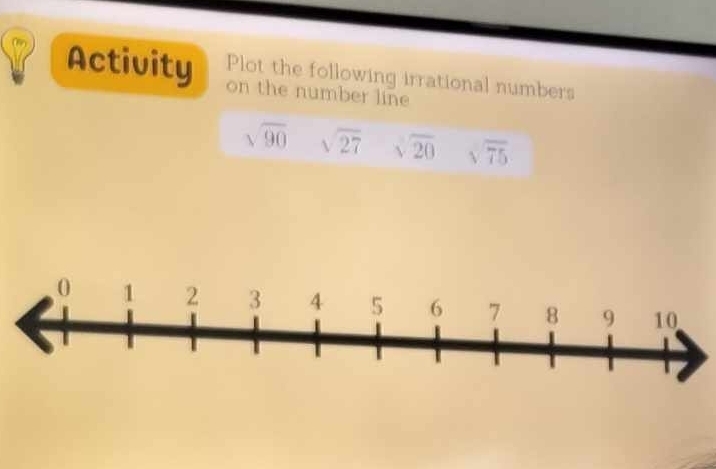 Plot the following irrational numbers 
Activity on the number lin
sqrt(90) sqrt(27) sqrt(20) sqrt(75)