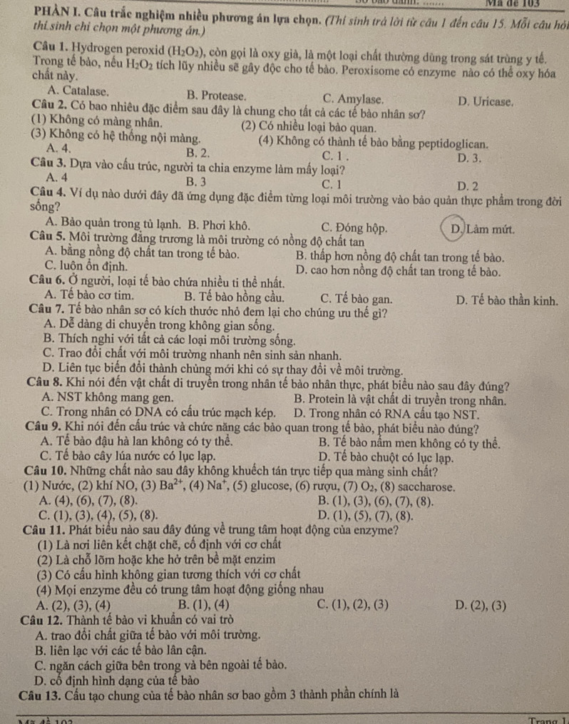 Mã de 103
PHÀN I. Câu trắc nghiệm nhiều phương án lựa chọn. (Thí sinh trả lời từ câu 1 đến câu 15. Mỗi câu hỏi
thi sinh chỉ chọn một phương án.)
Câu 1. Hydrogen peroxid (H_2O_2) , còn gọi là oxy già, là một loại chất thường dùng trong sát trùng y tế.
Trong tế bào, nếu H_2O_2 tích lũy nhiều sẽ gây độc cho tế bào. Peroxisome có enzyme nào có thể oxy hóa
chất này.
A. Catalase. B. Protease. C. Amylase. D. Uricase.
Câu 2. Có bao nhiêu đặc điểm sau đây là chung cho tất cả các tế bào nhân sơ?
(1) Không có màng nhân. (2) Có nhiều loại bào quan.
(3) Không có hệ thống nội màng. (4) Không có thành tế bào bằng peptidoglican.
A. 4. B. 2. C. 1 . D. 3.
Câu 3. Dựa vào cầu trúc, người ta chia enzyme làm mấy loại?
A. 4 B. 3 C. 1 D. 2
Câu 4. Ví dụ nào dưới đây đã ứng dụng đặc điểm từng loại môi trường vào bảo quản thực phẩm trong đời
sống?
A. Bảo quản trong tủ lạnh. B. Phơi khô. C. Đóng hộp. D. Làm mứt.
Câu 5. Môi trường đẳng trương là môi trường có nồng độ chất tan
A. bằng nồng độ chất tan trong tế bào.  B. thấp hơn nồng độ chất tan trong tế bào.
C. luôn ổn định. D. cao hơn nồng độ chất tan trong tế bào.
Câu 6. Ở người, loại tế bào chứa nhiều ti thể nhất.
A. Tế bào cơ tim. B. Tế bào hồng cầu. C. Tế bào gan. D. Tế bào thần kinh.
Câu 7. Tế bào nhân sơ có kích thước nhỏ đem lại cho chúng ưu thế gì?
A. Dễ dàng di chuyền trong không gian sống.
B. Thích nghi với tất cả các loại môi trường sống.
C. Trao đổi chất với môi trường nhanh nên sinh sản nhanh.
D. Liên tục biến đổi thành chùng mới khi có sự thay đổi về môi trường.
Câu 8. Khi nói đến vật chất di truyền trong nhân tế bào nhân thực, phát biểu nào sau đây đúng?
A. NST không mang gen. B. Protein là vật chất di truyền trong nhân.
C. Trong nhân có DNA có cấu trúc mạch kép. D. Trong nhân có RNA cấu tạo NST.
Câu 9. Khi nói đến cấu trúc và chức năng các bào quan trong tế bào, phát biểu nào đúng?
A. Tế bào đậu hà lan không có ty thể. B. Tể bào nấm men không có ty thể.
C. Tể bào cây lúa nước có lục lạp. D. Tế bào chuột có lục lạp.
Câu 10. Những chất nào sau đây không khuếch tán trực tiếp qua màng sinh chất?
(1) Nước, (2) khí NO, (3) Ba^(2+) , (4) Na^+ , (5) glucose, (6) rượu, (7) O_2 , (8) saccharose.
A. (4), (6), (7), (8). B. (1), (3), (6), (7), (8).
C. (1), (3), (4), (5), (8). D. (1), (5), (7), (8).
Câu 11. Phát biểu nào sau đây đúng về trung tâm hoạt động của enzyme?
(1) Là nơi liên kết chặt chẽ, cố định với cơ chất
(2) Là chỗ lõm hoặc khe hở trên bề mặt enzim
(3) Có cấu hình không gian tương thích với cơ chất
(4) Mọi enzyme đều có trung tâm hoạt động giống nhau
A. (2), (3), (4) B. (1), (4) C. (1), (2), (3) D. (2), (3)
Câu 12. Thành tế bào vi khuần có vai trò
A. trao đổi chất giữa tế bào với môi trường.
B. liên lạc với các tế bào lân cận.
C. ngăn cách giữa bên trong và bên ngoài tế bào.
D. cổ định hình dạng của tế bào
Cầu 13. Cầu tạo chung của tế bào nhân sơ bao gồm 3 thành phần chính là