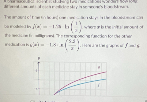 A pharmaceutical scientist studying two medications wonders how long
different amounts of each medicine stay in someone's bloodstream.
The amount of time (in hours) one medication stays in the bloodstream can
be modeled by f(x)=-1.25· ln ( 1/x ) , where x is the initial amount of
the medicine (in milligrams). The corresponding function for the other
medication is g(x)=-1.8· ln ( (2.3)/x ). Here are the graphs of f and g.