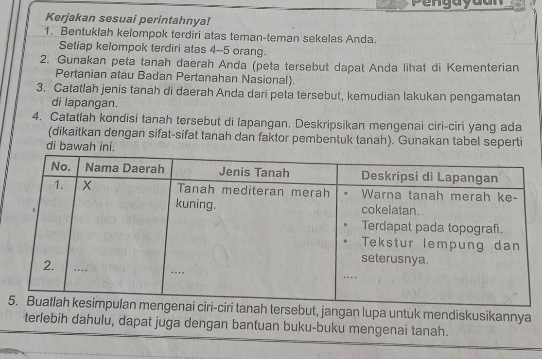 Pengayaan 
Kerjakan sesuai perintahnya! 
1. Bentuklah kelompok terdiri atas teman-teman sekelas Anda. 
Setiap kelompok terdiri atas 4 - 5 orang. 
2. Gunakan peta tanah daerah Anda (peta tersebut dapat Anda lihat di Kementerian 
Pertanian atau Badan Pertanahan Nasional). 
3. Catatlah jenis tanah di daerah Anda dari peta tersebut, kemudian lakukan pengamatan 
di lapangan. 
4. Catatlah kondisi tanah tersebut di lapangan. Deskripsikan mengenai ciri-ciri yang ada 
(dikaitkan dengan sifat-sifat tanah dan faktor pembentuk tanah). Gunakan tabel seperti 
di bawah ini. 
tersebut, jangan lupa untuk mendiskusikannya 
terlebih dahulu, dapat juga dengan bantuan buku-buku mengenai tanah.