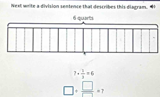 Next write a division sentence that describes this diagram. ,)
·  1/3 =6
?
□ /  □ /□  = ?