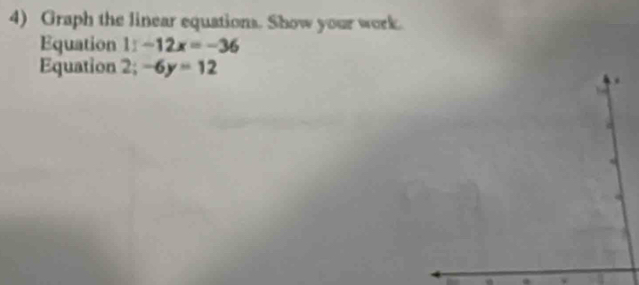 Graph the linear equations. Show your work. 
Equation 11-12x=-36
Equation 2; -6y=12