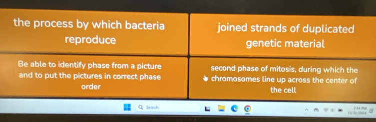 the process by which bacteria joined strands of duplicated 
reproduce genetic material 
Be able to identify phase from a picture second phase of mitosis, during which the 
and to put the pictures in correct phase ↓ chromosomes line up across the center of 
order the cell 
Search 10/31/2024 2:44 PM