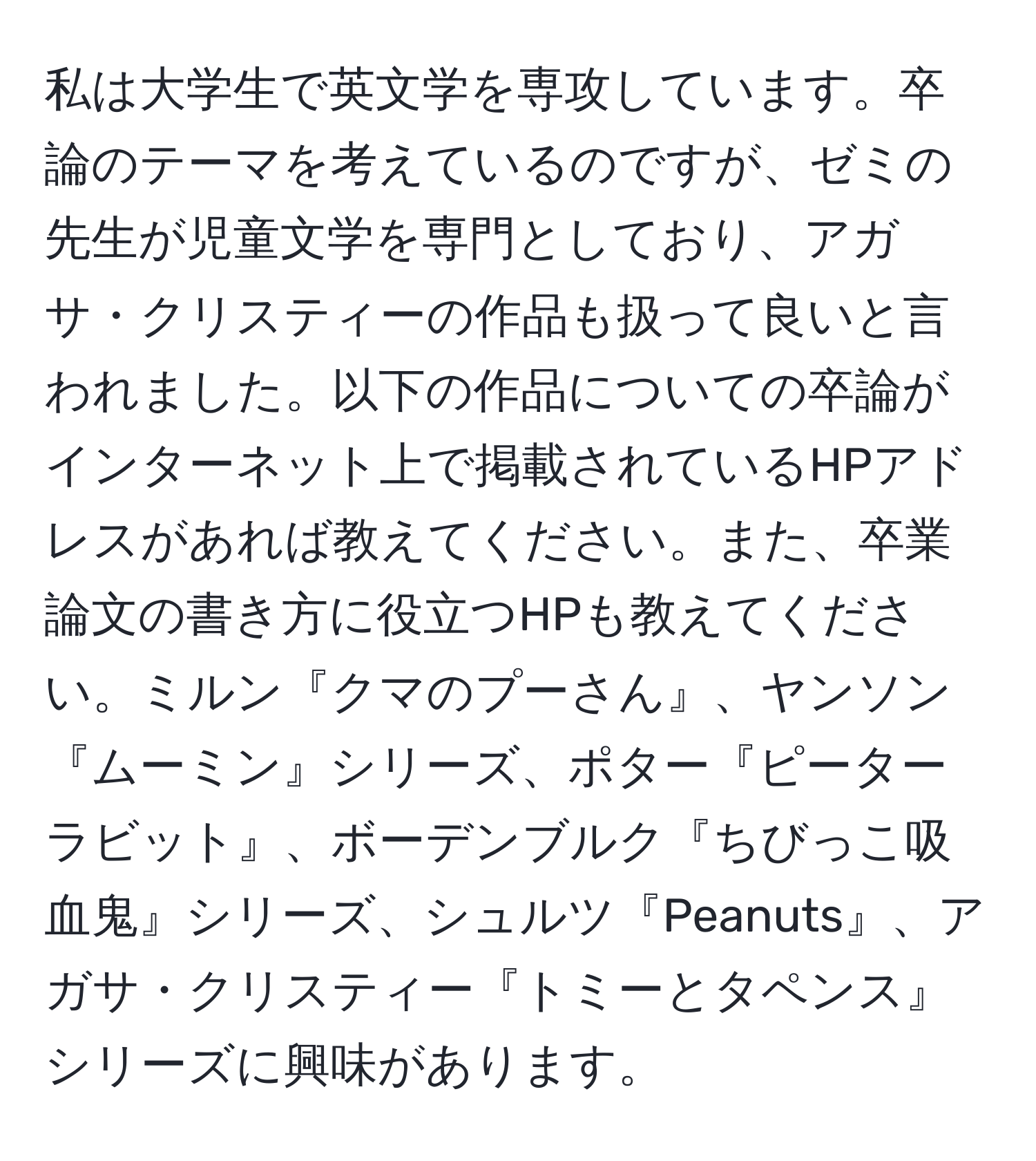 私は大学生で英文学を専攻しています。卒論のテーマを考えているのですが、ゼミの先生が児童文学を専門としており、アガサ・クリスティーの作品も扱って良いと言われました。以下の作品についての卒論がインターネット上で掲載されているHPアドレスがあれば教えてください。また、卒業論文の書き方に役立つHPも教えてください。ミルン『クマのプーさん』、ヤンソン『ムーミン』シリーズ、ポター『ピーターラビット』、ボーデンブルク『ちびっこ吸血鬼』シリーズ、シュルツ『Peanuts』、アガサ・クリスティー『トミーとタペンス』シリーズに興味があります。