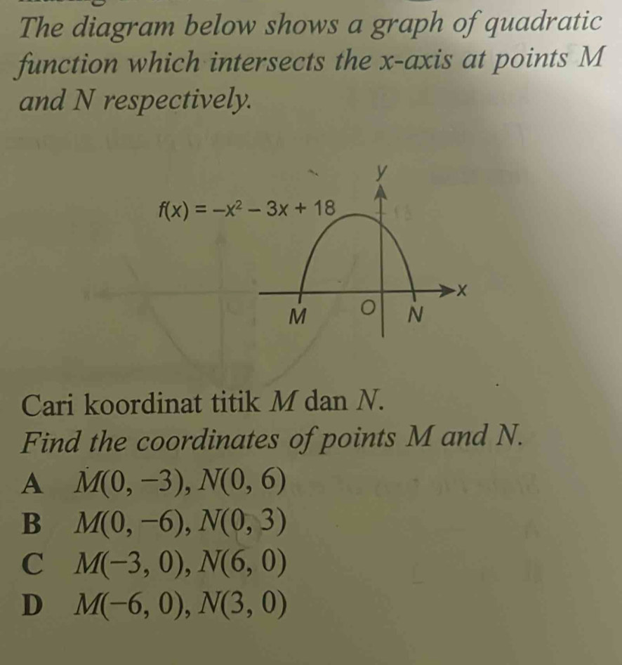 The diagram below shows a graph of quadratic
function which intersects the x-axis at points M
and N respectively.
Cari koordinat titik M dan N.
Find the coordinates of points M and N.
A M(0,-3),N(0,6)
B M(0,-6),N(0,3)
C M(-3,0),N(6,0)
D M(-6,0),N(3,0)