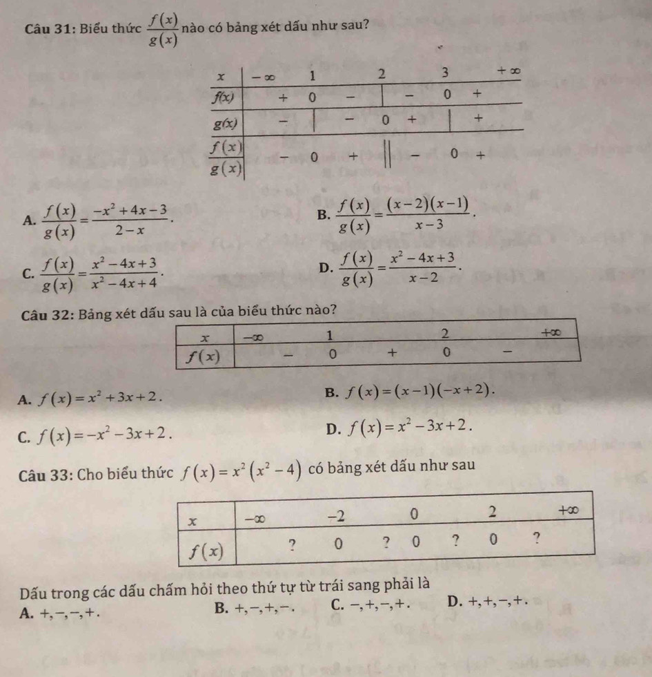 Biểu thức  f(x)/g(x)  nào có bảng xét dấu như sau?
A.  f(x)/g(x) = (-x^2+4x-3)/2-x .  f(x)/g(x) = ((x-2)(x-1))/x-3 .
B.
C.  f(x)/g(x) = (x^2-4x+3)/x^2-4x+4 .  f(x)/g(x) = (x^2-4x+3)/x-2 .
D.
Câu 32: Bảng xétsau là của biểu thức nào?
A. f(x)=x^2+3x+2.
B. f(x)=(x-1)(-x+2).
C. f(x)=-x^2-3x+2.
D. f(x)=x^2-3x+2.
Câu 33: Cho biểu thức f(x)=x^2(x^2-4) có bảng xét dấu như sau
Dấu trong các dấu chấm hỏi theo thứ tự từ trái sang phải là
A. +,−,−,+ . B. +,−,+,¬ . C. −,+,−,+. D. +,+,−,+ .