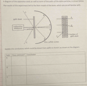 A diagram of the apparatius uitsl, in welll as sonse of the parths olf the alalha particiany, is shonen (below 
The results of this experiment led to the Bahr madel of the aors, wiich you are all funiliar with 
Eaplein the cosclusion which could be dusvs horr jaths A, It and C as shnen on the diegram