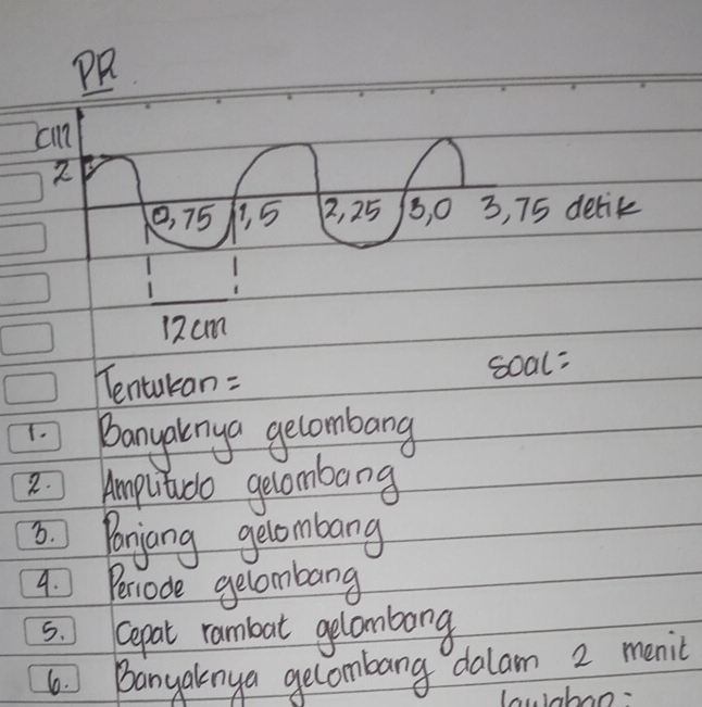 2
0, 75 35 2, 25 8, 0 3, 75 delik 
1 
1
12 cm
Tentukan =
80al=
T. Banyaknya gelombarg 
2. Amputae gecombang 
b. Brijang gelombang 
4. Periode gecombang 
5. Gepat rambat gelombong 
6. Banyalnya gelombang dalam 2 menic 
Laubabao: