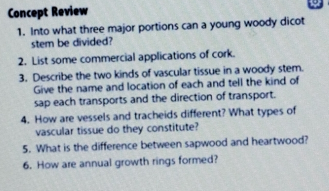 Concept Review 
1. Into what three major portions can a young woody dicot 
stem be divided? 
2. List some commercial applications of cork. 
3. Describe the two kinds of vascular tissue in a woody stem. 
Give the name and location of each and tell the kind of 
sap each transports and the direction of transport. 
4. How are vessels and tracheids different? What types of 
vascular tissue do they constitute? 
5. What is the difference between sapwood and heartwood? 
6. How are annual growth rings formed?