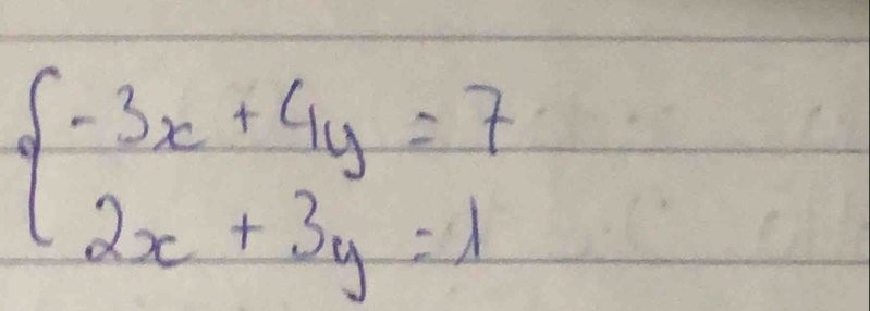 beginarrayl -3x+4y=7 2x+3y=1endarray.