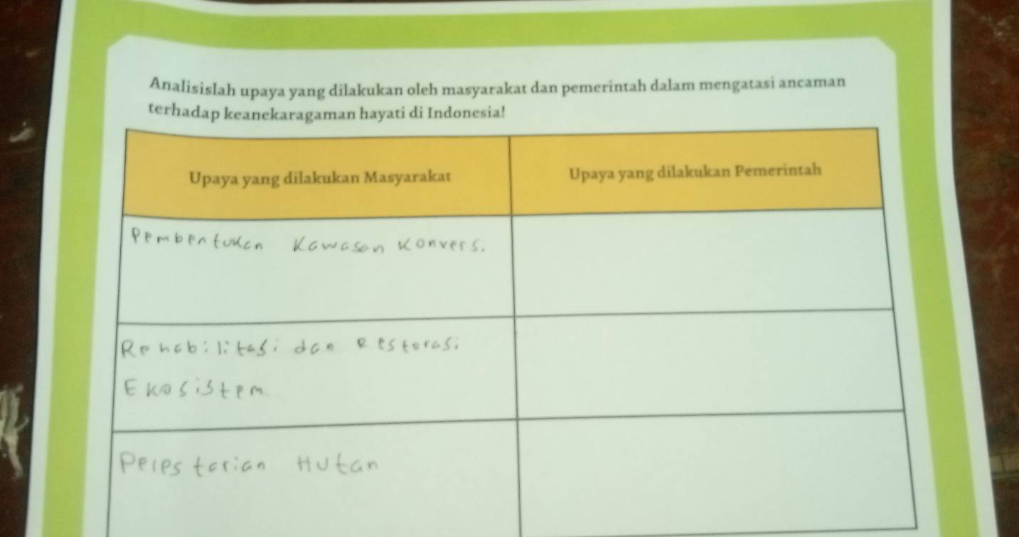 Analisislah upaya yang dilakukan oleh masyarakat dan pemerintah dalam mengatasi ancaman 
terhad Indonesia!