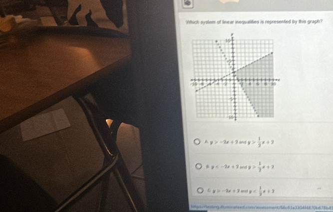 Which system of linear inequalities is represented by this graph?
A y>-2x+2 and y> 1/2 x+2
# y and y> 1/2 x+2
C y>-2x+2 ad y
ttps://tesbing.alunnateed.com/assessment/66c63a3304f4870b678b41