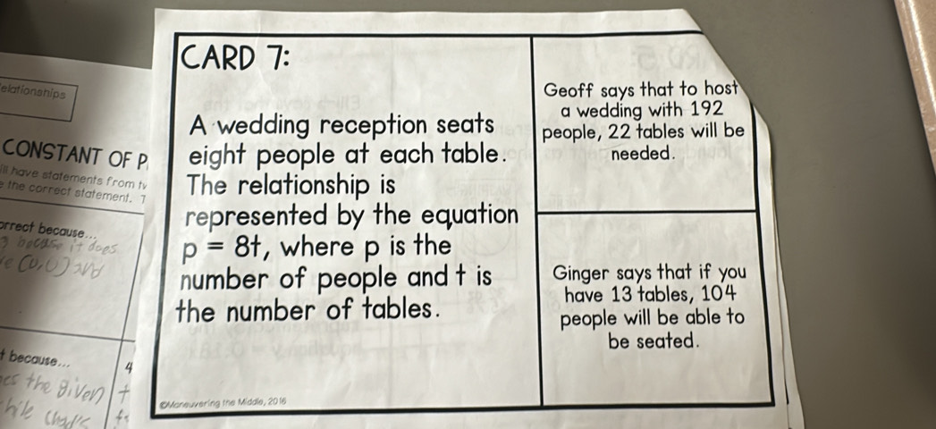 CARD 7: 
elationships 
Geoff says that to host 
a wedding with 192
A wedding reception seats people, 22 tables will be 
CONSTANT OF P eight people at each table. needed . 
ill have statements from tv The relationship is 
e the correct statement. T 
represented by the equation 
brrect because . p=8t , where p is the 
umber of people and t is Ginger says that if you 
have 13 tables, 104
the number of tables. 
people will be able to 
be seated. 
t because ...