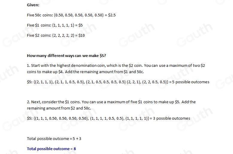 Solved: have five 50c coins, five $1 coins and five $2 coins. In how ...