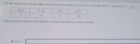 Use the information about values of the functions and their derivatives to calculate H'(2) ,where H(x)= x/g(x)f(x) .
(Give an exact answer. Use symbolic notation and fractions where needed.)
H'(2)=□
□ 