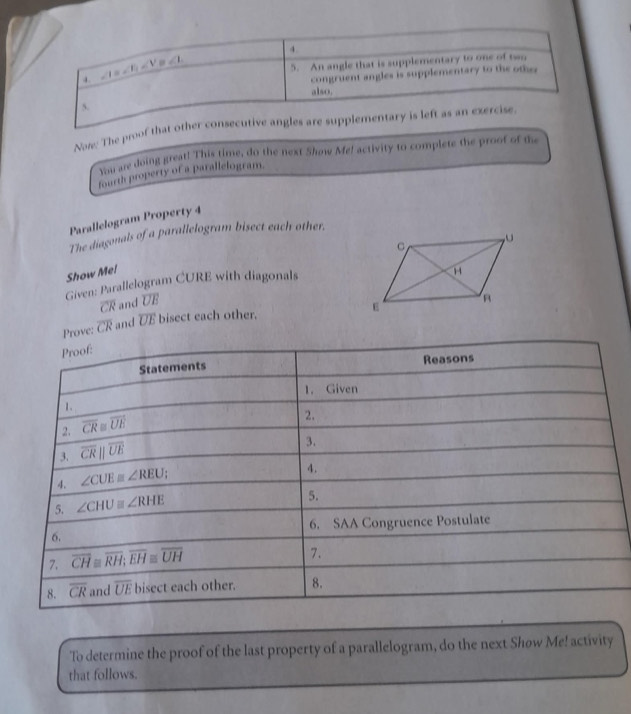 a ∠ I=∠ V, ∠ V≌ ∠ L
5. An angle that is supplementary to one of two 
congruent angles is supplementary to the othe 
also. 
5. 
Now. The proof that other consecutive angles are supplementary is left as an exercise 
Ym are doing great! This time, do the next Show Me! activity to complete the proof of the 
fourth property of a parallelogram. 
Parallelogram Property 4 
The diagonals of a parallelogram bisect each other. 
Show Me! 
Given: Parallelogram CURE with diagonals
overline CR and overline UE
Prove: overline CR and overline UE bisect each other. 
Proof: 
Statements Reasons 
1. Given 
1. 
2. overline CR≌ overline UE
2. 
3. overline CRparallel overline UE
3. 
4. ∠ CUE≌ ∠ REU. 
4. 
5. ∠ CHU≌ ∠ RHE
5. 
6. SAA Congruence Postulate 
6. 
7. overline CH≌ overline RH; overline EH≌ overline UH
7. 
8. overline CR and overline UEbisec t each other. 8. 
To determine the proof of the last property of a parallelogram, do the next Show Me! activity 
that follows.