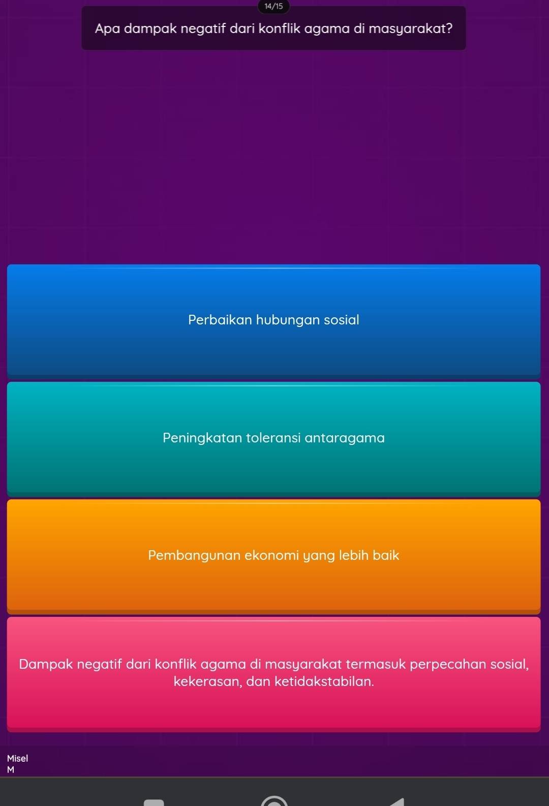 14/15
Apa dampak negatif dari konflik agama di masyarakat?
Perbaikan hubungan sosial
Peningkatan toleransi antaragama
Pembangunan ekonomi yang lebih baik
Dampak negatif dari konflik agama di masyarakat termasuk perpecahan sosial,
kekerasan, dan ketidakstabilan.
Misel
M