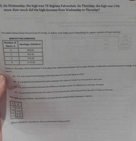 On Wednesday, the high was 70 degrees Fahrenheit. On Thursday, the high was 13%
more. How much did the high increase from Wednesday to Thursday?
The table below shows the amount of mon worked
Based on the table, which statement is true about the relationship between the number of hours. At she works and the amount of money, of s
earns?
(A) It is not proportional because when the value of n is 0, the value of d' is 0.
16 - it is proportional because the ratios between the values of cand n are the same for each pair.
It is not proportional because the difference between d and his different for each pair of values.
(D) It is proportional because the valies of h increase by the same amount from one pair of values to the next.
The table shown below represents a proportional relationship between x and y
Which equation represents this proportional relationship?