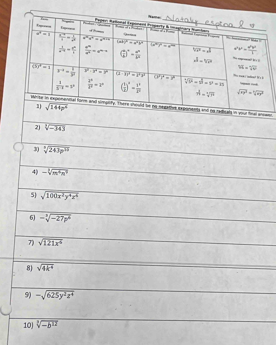 sqrt[3](-343)
3) sqrt[5](243p^(10))
4) -sqrt[3](m^6n^9)
5) sqrt(100x^2y^4z^6)
6) -sqrt[3](-27p^6)
7) sqrt(121x^6)
8) sqrt(4k^4)
9) -sqrt(625y^2z^4)
10) sqrt[3](-b^(12))