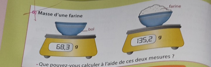 farine 
6) Masse d’une farine 
bol
135,2 g
68.3 g
+ Que pouvez-vous calculer à l'aide de ces deux mesures?