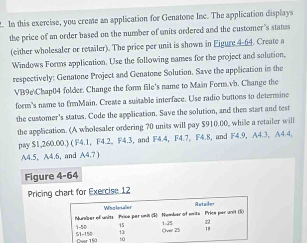 In this exercise, you create an application for Genatone Inc. The application displays 
the price of an order based on the number of units ordered and the customer’s status 
(either wholesaler or retailer). The price per unit is shown in Figure 4-64. Create a 
Windows Forms application. Use the following names for the project and solution, 
respectively: Genatone Project and Genatone Solution. Save the application in the 
VB9eChap04 folder. Change the form file’s name to Main Form.vb. Change the 
form’s name to frmMain. Create a suitable interface. Use radio buttons to determine 
the customer’s status. Code the application. Save the solution, and then start and test 
the application. (A wholesaler ordering 70 units will pay $910.00, while a retailer will 
pay $1,260.00.) ( F4.1, F4.2, F4.3, and F4.4, F4.7, F4.8, and F4.9, A4.3, A4.4,
A4.5, A4.6, and A4.7 ) 
Figure 4-64 
Pricing chart for Exercise 12 
Over