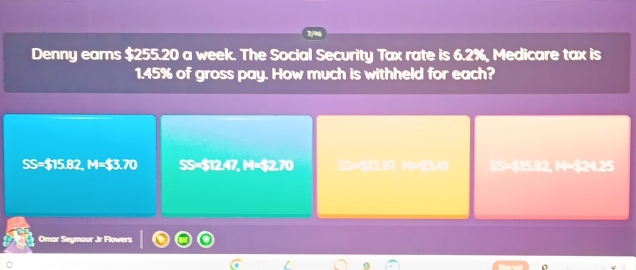 Denny earns $255.20 a week. The Social Security Tax rate is 6.2%, Medicare tax is
1.45% of gross pay. How much is withheld for each?
SS=$15.82, M=$3.70 SS=$12.47, M=$2.70 SS= $13.97, 14= $3.41 SS= $15.82, 14= $24.25
Omar Seymour Jr Flowers