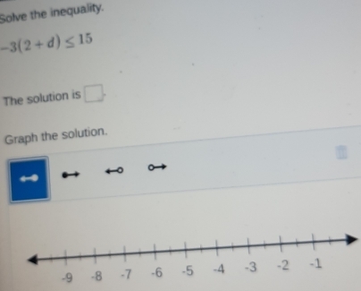 Solve the inequality.
-3(2+d)≤ 15
The solution is □ . 
Graph the solution.