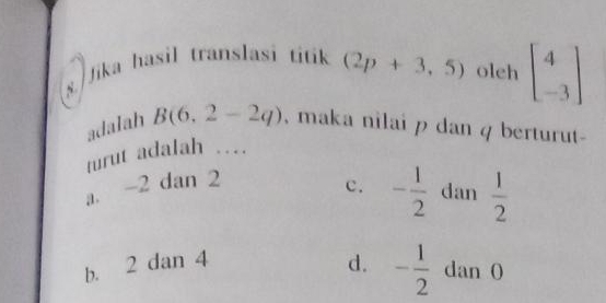 Jika hasil translasi titik (2p+3,5) oleh beginbmatrix 4 -3endbmatrix
adalah B(6,2-2q) , maka nilai p dan q berturut-
turut adalah …
a. -2 dan 2
c. - 1/2  dan  1/2 
b. 2 dan 4 d. - 1/2  dan 0