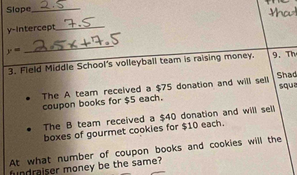 Slope_ 
y-intercept_
y=
_ 
3. Field Middle School's volleyball team is raising money. 9.Th 
The A team received a $75 donation and will sell Shad 
squa 
coupon books for $5 each. 
The B team received a $40 donation and will sell 
boxes of gourmet cookies for $10 each. 
At what number of coupon books and cookies will the 
fundraiser money be the same?