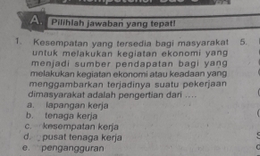 Pilihlah jawaban yang tepat!
1. Kesempatan yang tersedia bagi masyarakat 5.
untuk melakukan kegiatan ekonomi yang 
menjadi sumber pendapatan bagi yang
melakukan kegiatan ekonomi atau keadaan yang
menggambarkan terjadinya suatu pekerjaan
dimasyarakat adalah pengertian dari ....
a. lapangan kerja
b. tenaga kerja
c. kesempatan kerja
d. pusat tenaga kerja
e. pengangguran