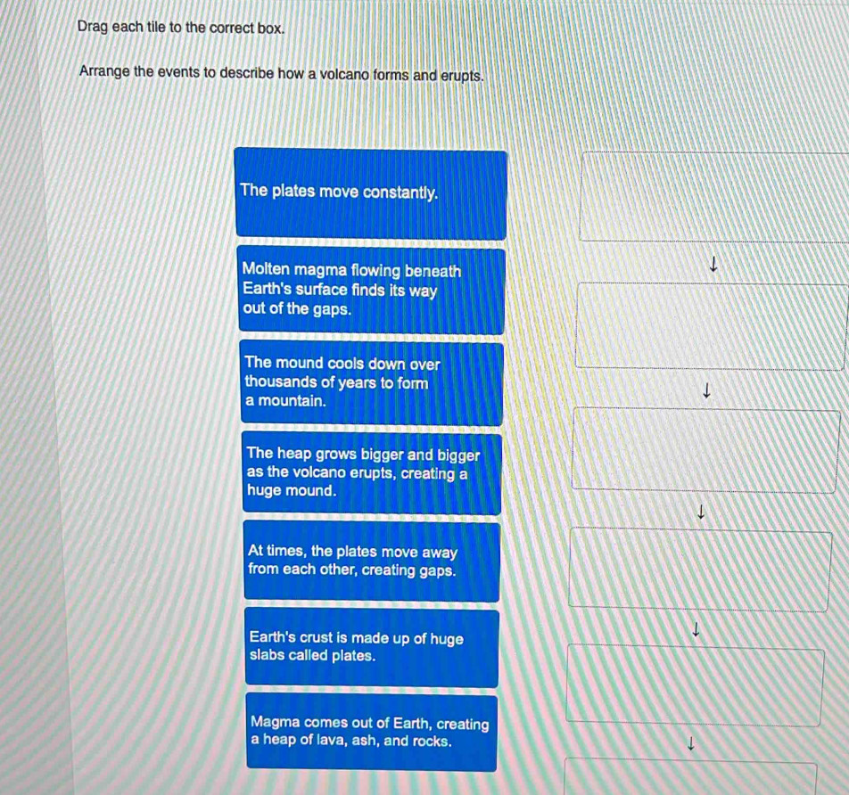 Drag each tile to the correct box.
Arrange the events to describe how a volcano forms and erupts.
The plates move constantly.
Molten magma flowing beneath
Earth's surface finds its way
out of the gaps.
The mound cools down over
thousands of years to form
a mountain.
The heap grows bigger and bigger
as the volcano erupts, creating a
huge mound.
At times, the plates move away
from each other, creating gaps.
Earth's crust is made up of huge
↓
slabs called plates.
Magma comes out of Earth, creating
a heap of lava, ash, and rocks.