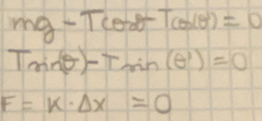 mg-Tcos θ Tcos (θ )=0
T_min(θ )-T_min(θ ')=0
F=k· Delta x=0