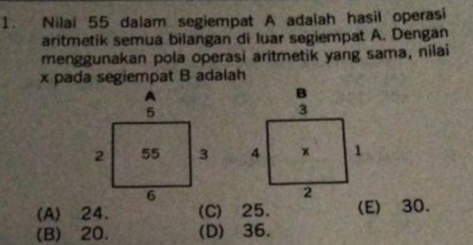 Nilai 55 dalam segiempat A adalah hasil operasi
aritmetik semua bilangan di luar segiempat A. Dengan
menggunakan pola operasi aritmetik yang sama, nilai
x pada segiempat B adalah

(A) 24. (C) 25. (E) 30.
(B) 20. (D) 36.