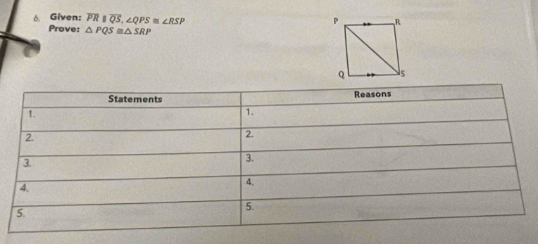 Given: overline PR||overline QS, ∠ QPS≌ ∠ RSP
Prove: △ PQS≌ △ SRP