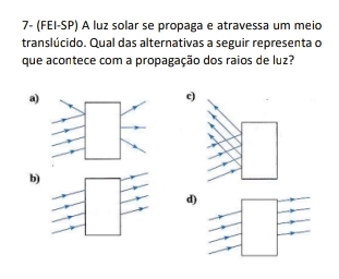 7- (FEI-SP) A luz solar se propaga e atravessa um meio
translúcido. Qual das alternativas a seguir representa o
que acontece com a propagação dos raios de luz?
a
q
b
d)