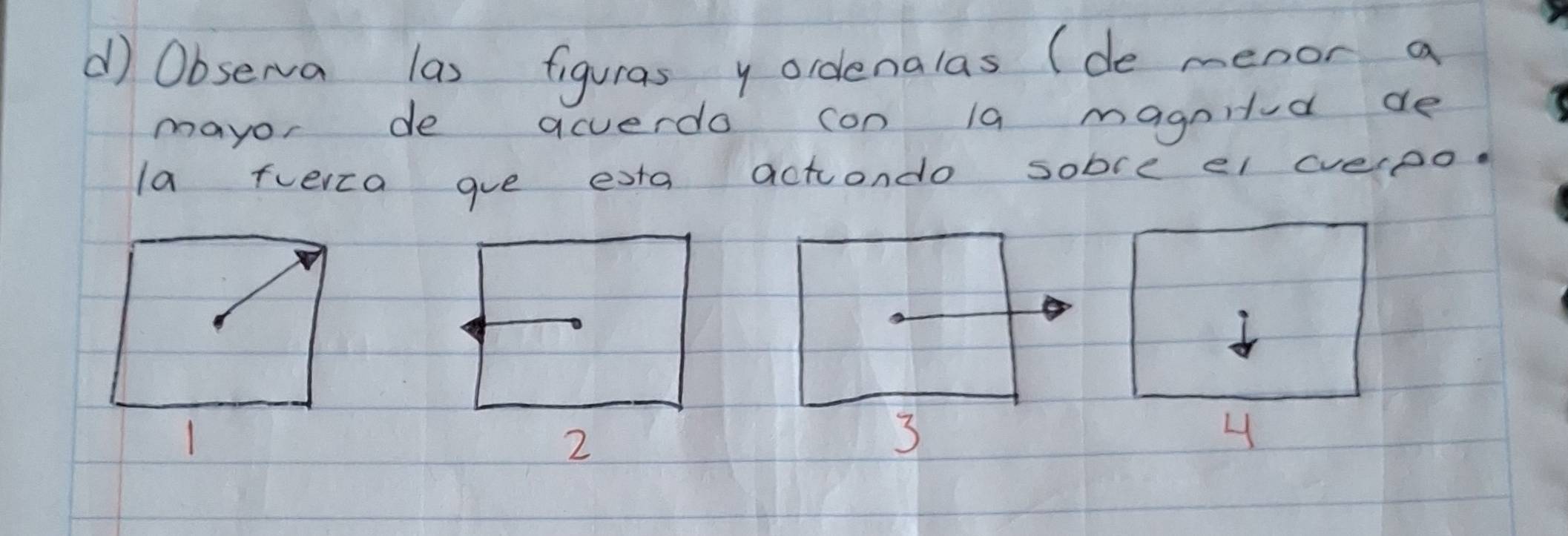 Obsera las figuras y ordenalas (de menor a 
mayor de acverdo con la magnied de 
la tverca gue exta actuondo soble el cvepo. 
1 
2 
3 
4