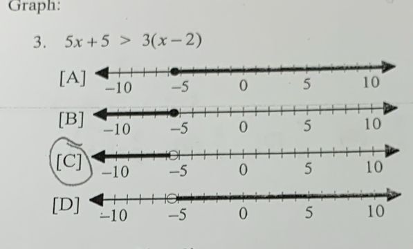 Graph: 
3. 5x+5>3(x-2)
[ 
[ 
[ 
[D