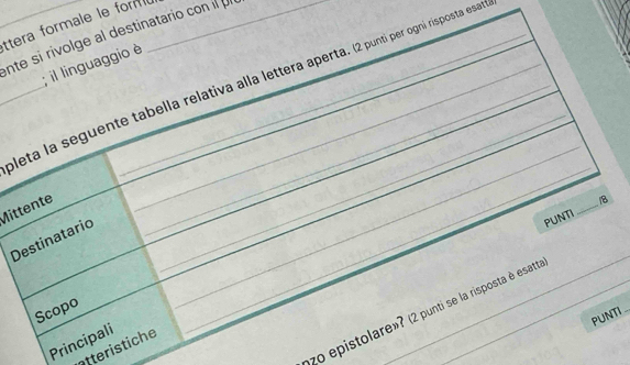 ttera formale le formi ó_ 
nte si rivolge al destinatario con p 
; il linguaggio è 
_leta la seguente tabella relativa alla lettera aperta. (2 punti per ogni risposta esat 
Mittente 
_ 
_ 
_ 
PUNTI _B 
_ 
Destinatario 
Scopo 
_ 
zo epistolare»? (2 punti se la risposta è esatt 
PUNTI .. 
Principali 
atteristiche