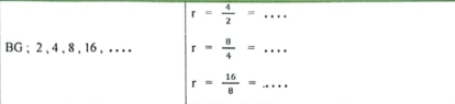 r= 4/2 =... 
BG ; 2 , 4 , 8 , 16 , . . . . r= 8/4 =...
r= 16/8 =...