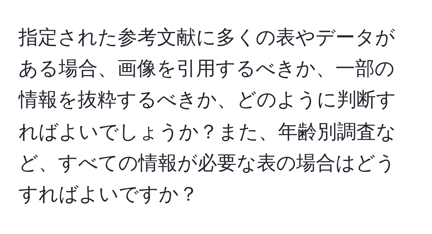 指定された参考文献に多くの表やデータがある場合、画像を引用するべきか、一部の情報を抜粋するべきか、どのように判断すればよいでしょうか？また、年齢別調査など、すべての情報が必要な表の場合はどうすればよいですか？