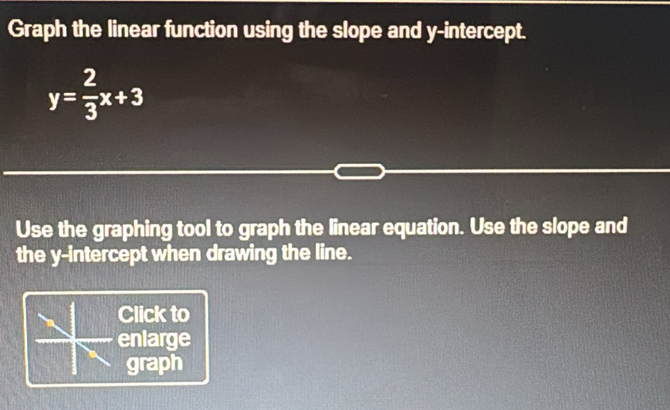 Graph the linear function using the slope and y-intercept.
y= 2/3 x+3
Use the graphing tool to graph the linear equation. Use the slope and 
the y-intercept when drawing the line. 
Click to 
eniarge 
graph