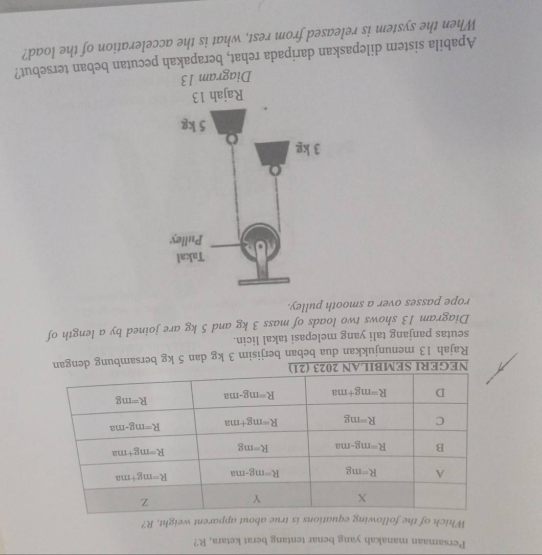 Persamaan manakah yang benar tentang berat ketara, R?
Which of the following equations is true about apparent weight, R?
NEGERI SE
Rajah 13 menunjukkan dua beban berjisim 3 kg dan 5 kg bersambung dengan
seutas panjang tali yang melepasi takal licin.
Diagram 13 shows two loads of mass 3 kg and 5 kg are joined by a length of
rope passes over a smooth pulley.
Apabila sistem dilepaskan daripada rehat, berapakah pecutan beban tersebut?
When the system is released from rest, what is the acceleration of the load?