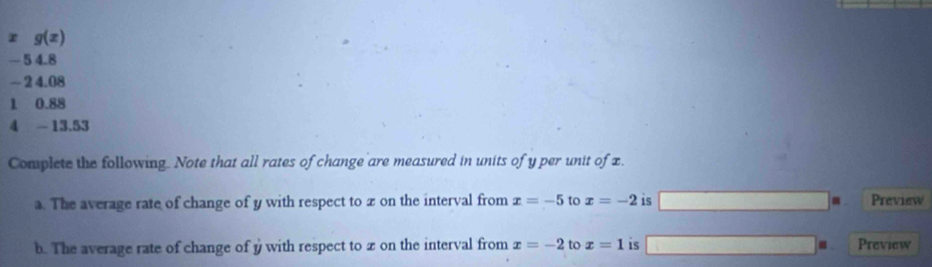 g(x)
-5 4.8
- 2 4.08
1 0.88
4 - 13.53
Complete the following. Note that all rates of change are measured in units of y per unit of x. 
a. The average rate of change of y with respect to z on the interval from x=-5 to x=-2 is Preview 
b. The average rate of change of y with respect to z on the interval from x=-2 to x=1 is Preview