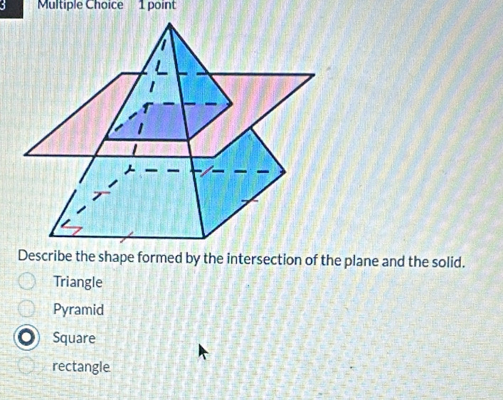 Describe the shape formed by the intersection of the plane and the solid.
Triangle
Pyramid
Square
rectangle