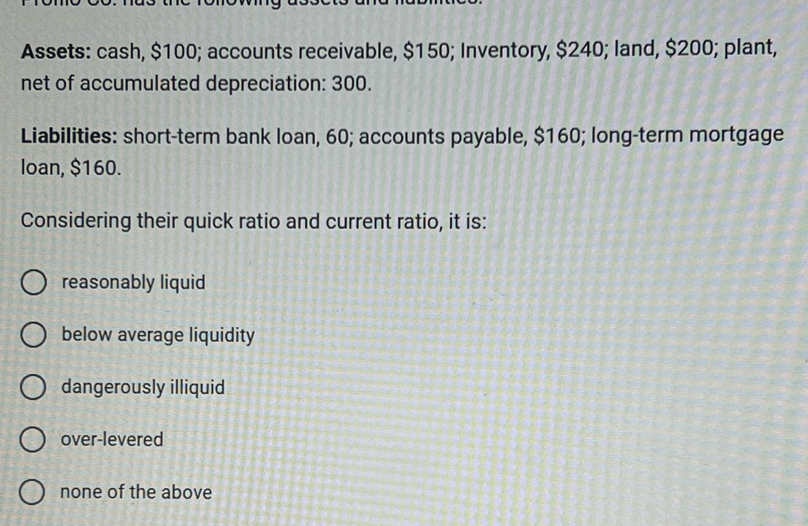 Assets: cash, $100; accounts receivable, $150; Inventory, $240; land, $200; plant,
net of accumulated depreciation: 300.
Liabilities: short-term bank loan, 60; accounts payable, $160; long-term mortgage
Ioan, $160.
Considering their quick ratio and current ratio, it is:
reasonably liquid
below average liquidity
dangerously illiquid
over-levered
none of the above