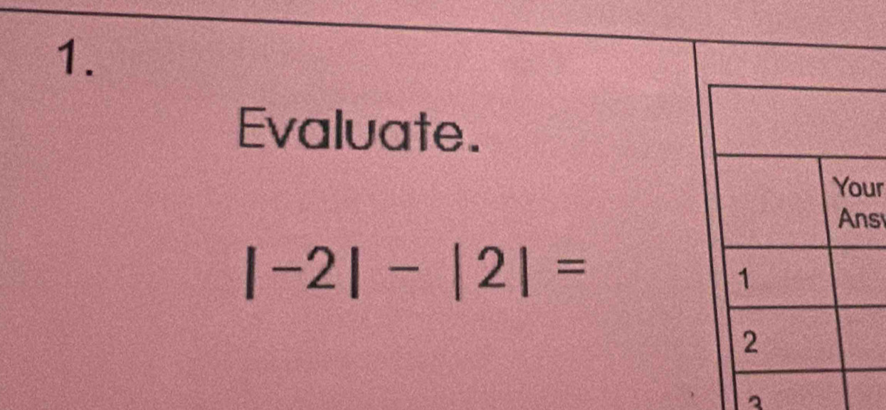 Evaluate. 
ur 
s
|-2|-|2|=