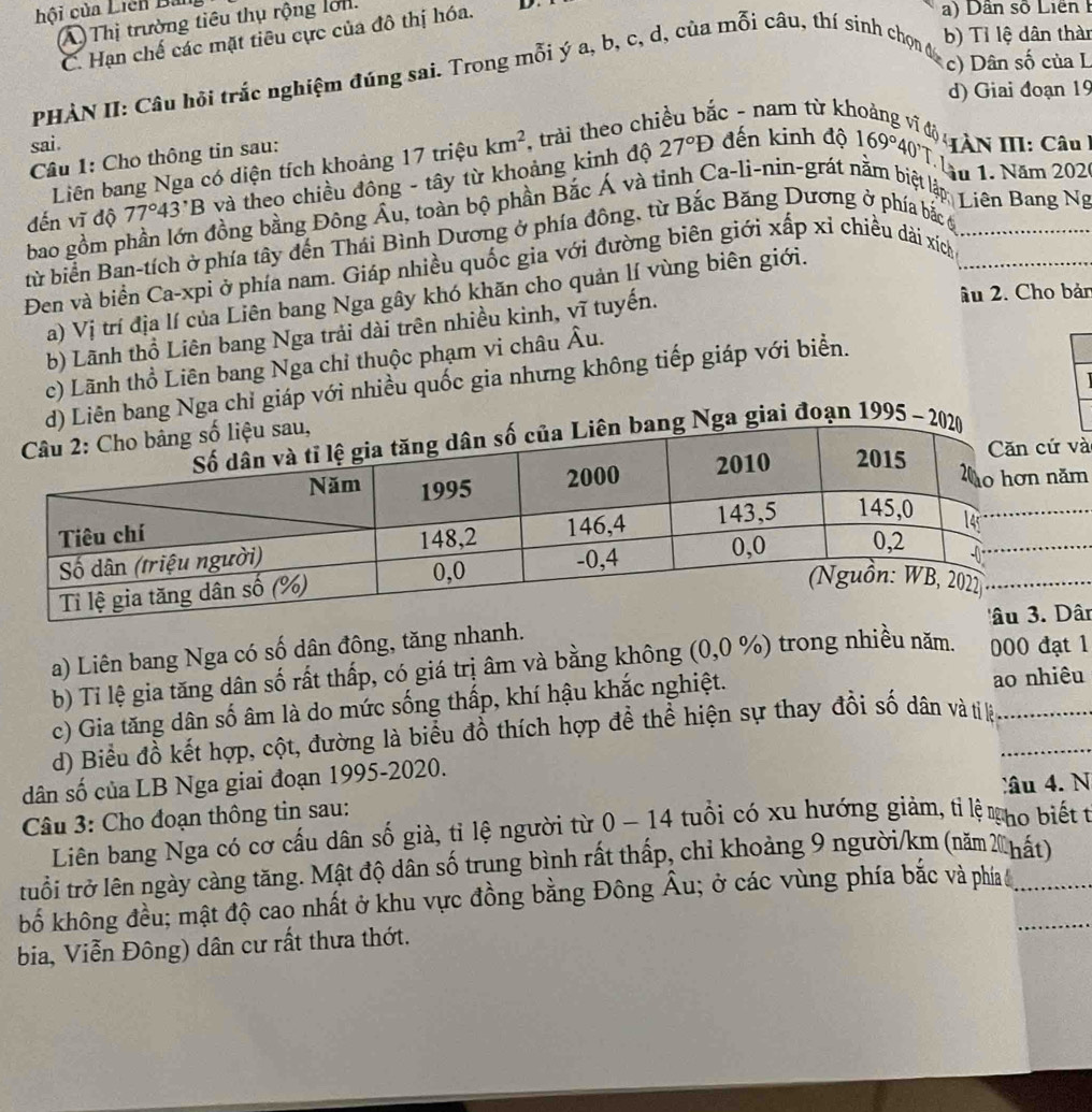 hội của Liên Bản
Á Thị trường tiêu thụ rộng lớn.
b) Tỉ lệ dân thàn
C. Hạn chế các mặt tiêu cực của đô thị hóa.   
) Dân số Liên 
PHÀN II: Câu hội trắc nghiệm đúng sai. Trong mỗi ý a, b, c, d, của mỗi câu, thí sinh chọn đá
c) Dân số của L
d) Giai đoạn 19
sai.
Câu 1: Cho thông tin sau:
Liên bang Nga có diện tích khoảng 17 triệu km^2 , trải theo chiều bắc - nam từ khoảng vĩ đ ( AN III: Câu 27°D đến kinh độ 169°40'T 1.ăm 1. Năm 202
đến vĩ độ 77°43'B và theo chiều đông - tây từ khoảng kinh độ
bao gồm phần lớn đồng bằng Đông Âu, toàn bộ phần Bắc Á và tỉnh Ca-li-nin-grát năm biệt là 'Liên Bang Ng
từ biển Ban-tích ở phía tây đến Thái Bình Dương ở phía đông, từ Bắc Băng Dương ở phía bắc 6
Đen và biển Ca-xpi ở phía nam. Giáp nhiều quốc gia với đường biên giới xấp xỉ chiều dài xích__
a) Vị trí địa lí của Liên bang Nga gây khó khăn cho quản lí vùng biên giới.
b) Lãnh thổ Liên bang Nga trải dài trên nhiều kinh, vĩ tuyến.
âu 2. Cho bản
c) Lãnh thổ Liên bang Nga chỉ thuộc phạm vi châu Âu.
Liên bang Nga chỉ giáp với nhiều quốc gia nhưng không tiếp giáp với biển.
a giai đoạn 1995 ~ 2
à
m
_
a) Liên bang Nga có số dân đông, tăng nhanh. n
b) Tỉ lệ gia tăng dân số rất thấp, có giá trị âm và bằng không (0,0% ) trong nhiều năm. 000 đạt 1
c) Gia tăng dân số âm là do mức sống thấp, khí hậu khắc nghiệt. ao nhiêu
d) Biểu đồ kết hợp, cột, đường là biểu đồ thích hợp để thể hiện sự thay đổi số dân và tilệ__
dân số của LB Nga giai đoạn 1995-2020.
âu 4. N
Câu 3: Cho đoạn thông tin sau: - 14 tuổi có xu hướng giảm, tỉ lệ ngho biết t
Liên bang Nga có cơ cấu dân số già, tỉ lệ người từ ( )
tuổi trở lên ngày càng tăng. Mật độ dân số trung bình rất thấp, chỉ khoảng 9 người/km (năm 20 hất)
bố không đều; mật độ cao nhất ở khu vực đồng bằng Đông Âu; ở các vùng phía bắc và phía __
bia, Viễn Đông) dân cư rất thưa thớt.